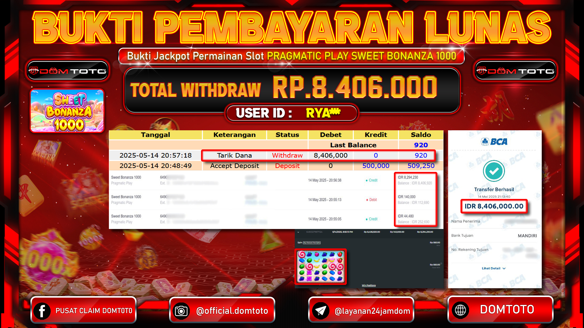 JACKPOT SLOT SWEET BONANZA 1000 14 MEI 2025